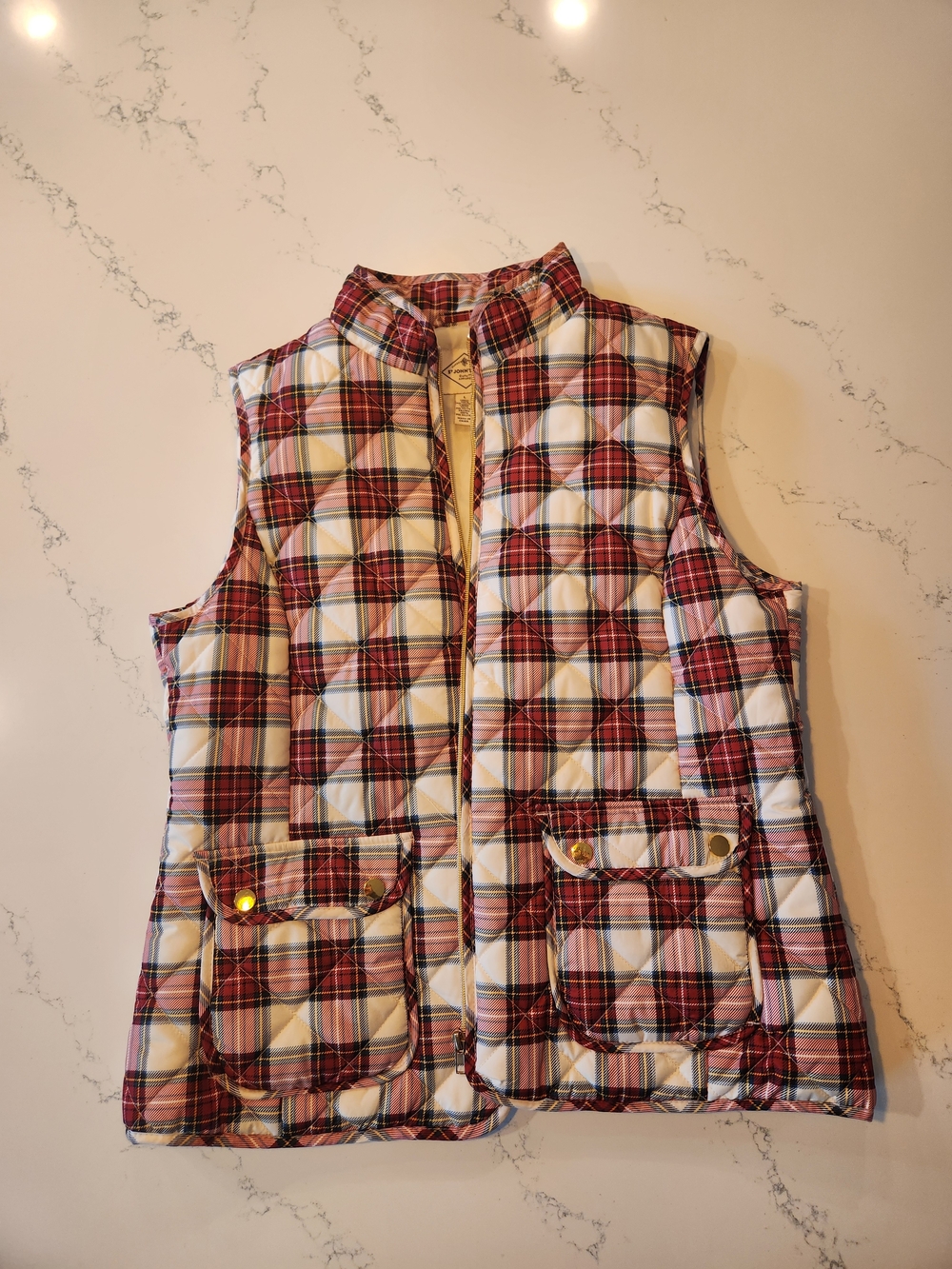 St. John's Bay Red and Cream Plaid Quilted Vest